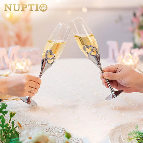 Silver Creative Heart Set with Diamonds Champagne Flutes - Wedding Glasses for Bride & Groom